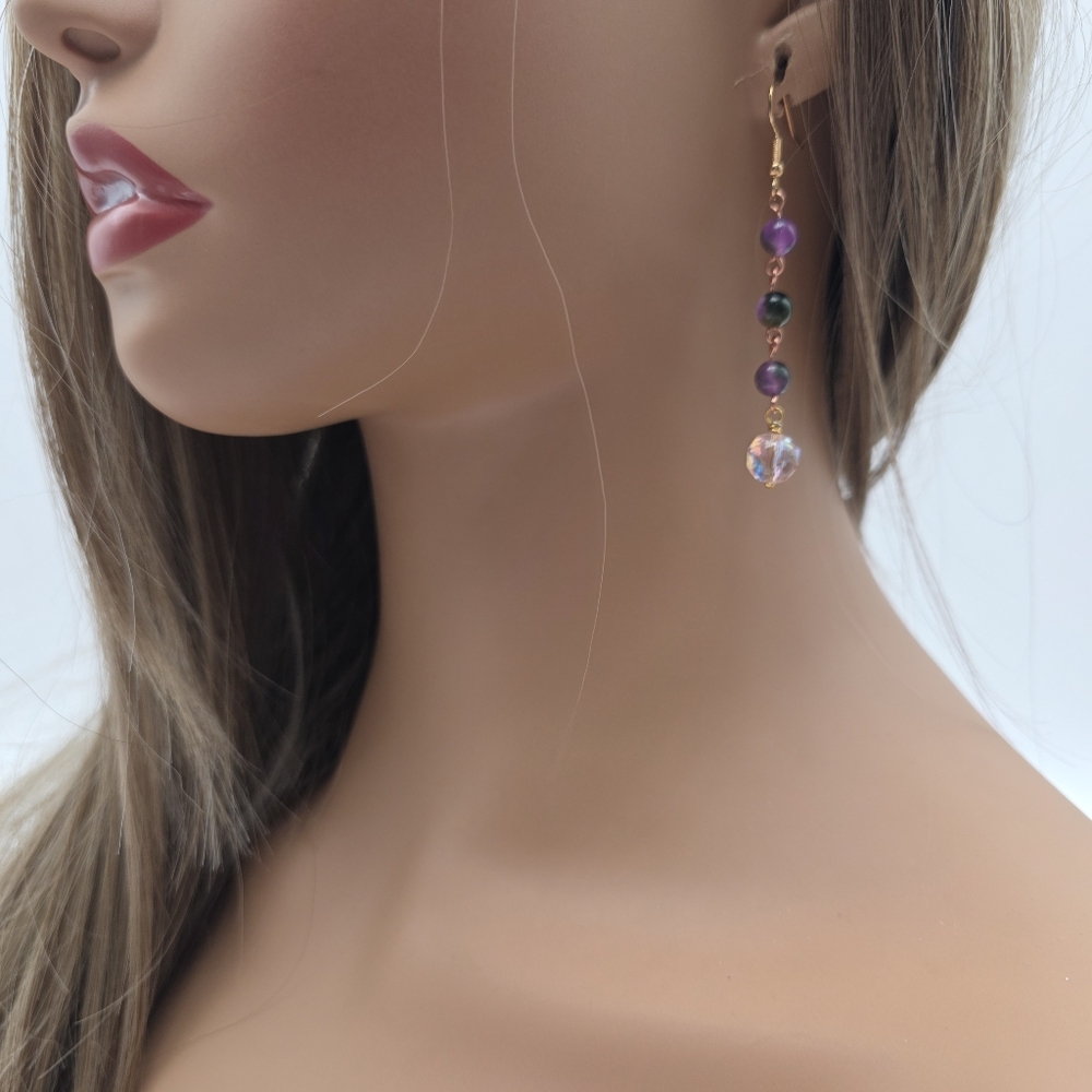 Purple Fluorite Beaded Dangle Earrings – Handmade Crystal Drop Jewelry - Picture 5 of 5